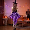 thumbnail image 3 of Witch Roleplay, Witch Cos, Witch Cosplay, Witch Costume, Witch Outfit, Women Halloween Witch Cosplay Costume High-Low Hem Ruffle Dress + Hat + Wristbands Dress Up Outfits, Purple L, 3 of 7
