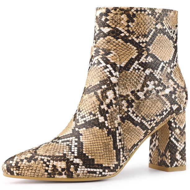 Botines de tacón grueso Allegra K con estampado de serpiente marrón punta puntiaguda 36