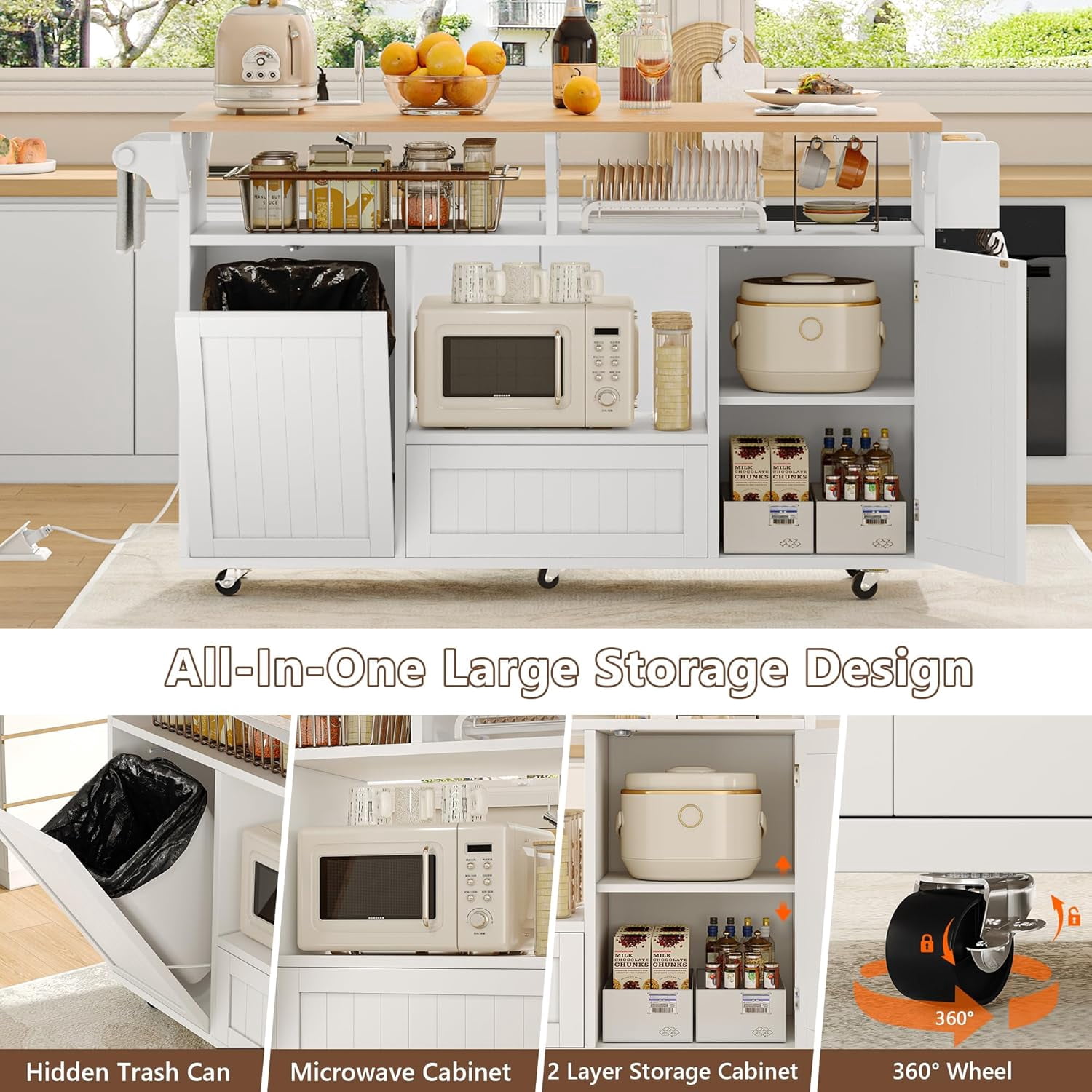 55" Movable Kitchen Island with Drop Leaf and Power Outlet, Rolling Kitchen Cart with Trash Storage Cabinet,White