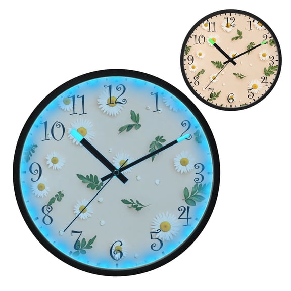 Voice Activated Clock with Glow Light 12 Inch Large Silent Wall Clock Battery Operated for Home Decor White Daisy Pattern