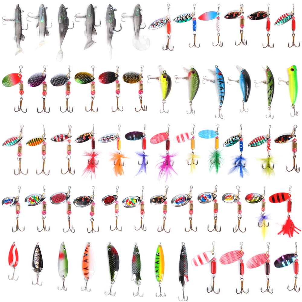 dr.fish 60 fishing lures kit with 5 tackle boxes spinners soft plastic swimbait crankbaits minnow variety kit rooster tail trout spinner salmon spoons walleye