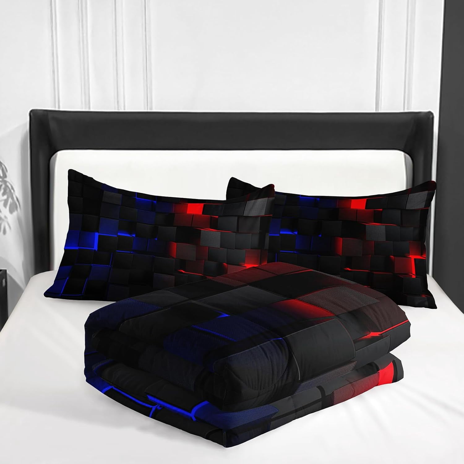 Flymme Queen Comforter Set,3 Piece Neon Geometric Checkered Bedding Sets for Teen Men Gamer Room Decor Grids Quilt Square Plaid Check Bed Set for All Season