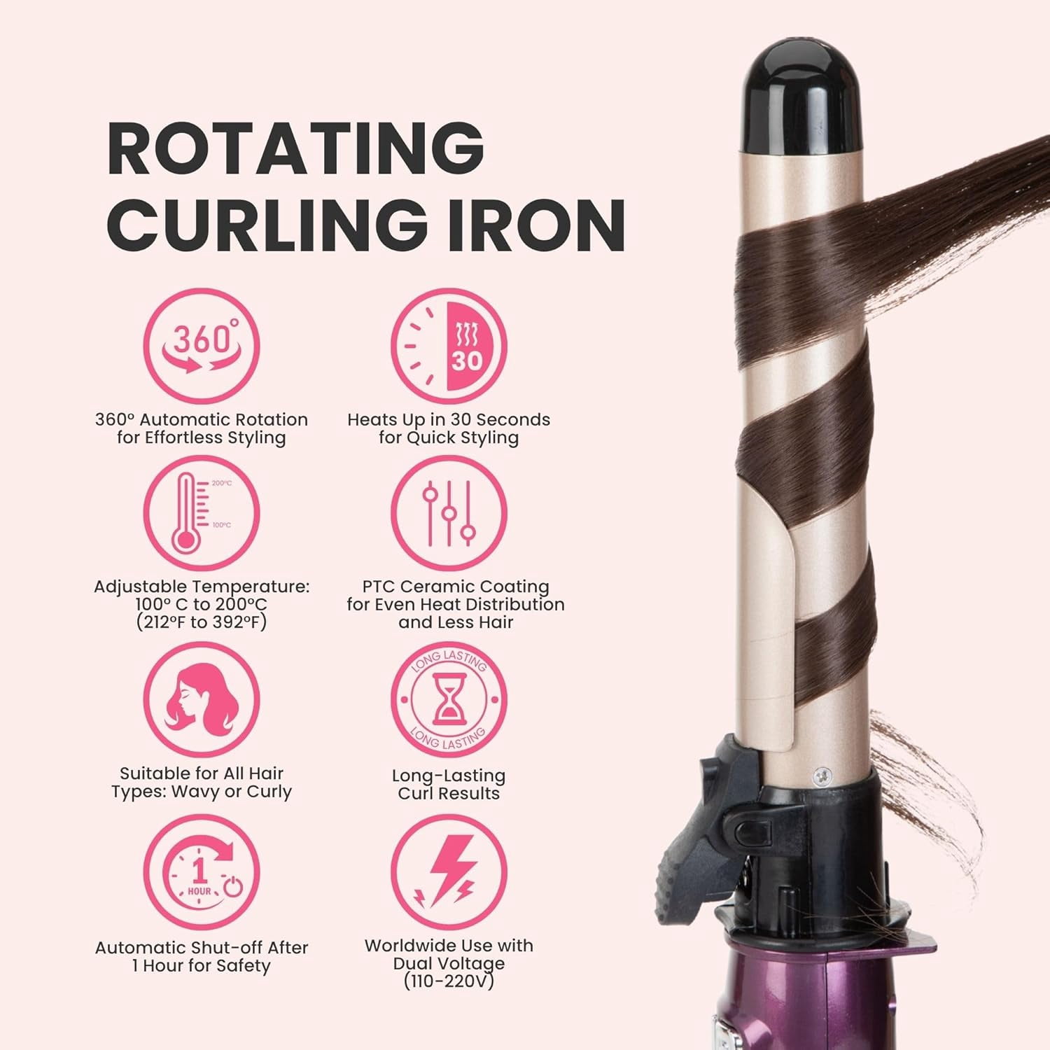 Automatic Rotating Curling Iron, 1.1-Inch Auto Hair Curler with 4 Temperature Settings & LCD Display, Anti-Scald & Dual Voltage