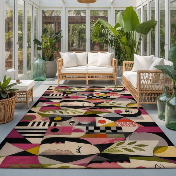 Mid Century Washable Living Room Rugs 5'x8', Abstract Overlapping Face Silhouettes Botanical Leaf Washable Throw Large Area Rug Non-Slip Sturdy Edge Binding Carpet for Living Area Kitchen Office