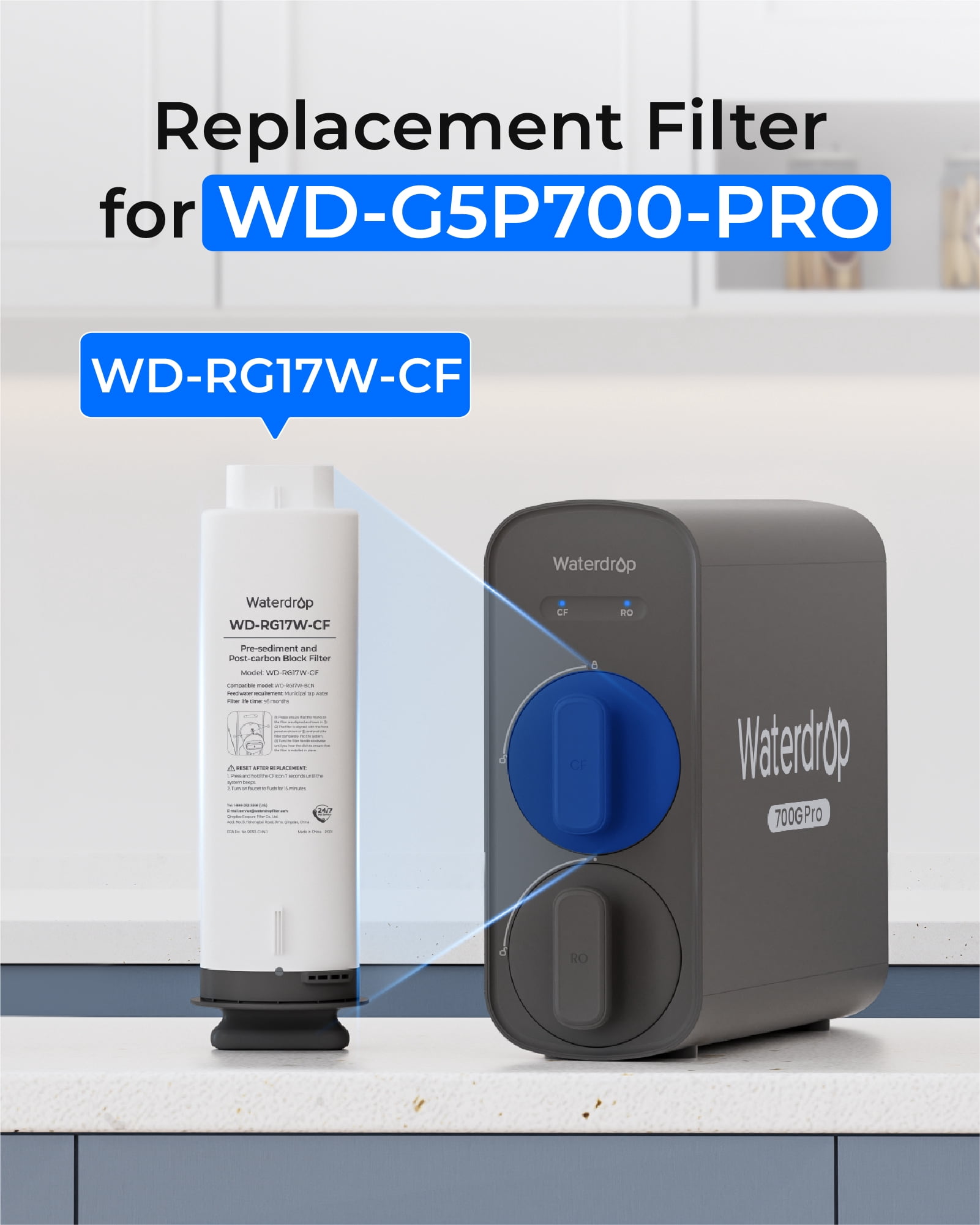 Waterdrop WD-G5P700-Pro-CF Filter, Replacement for WD-G5P700-Pro Undersink Reverse Osmosis System, 6-month Lifetime