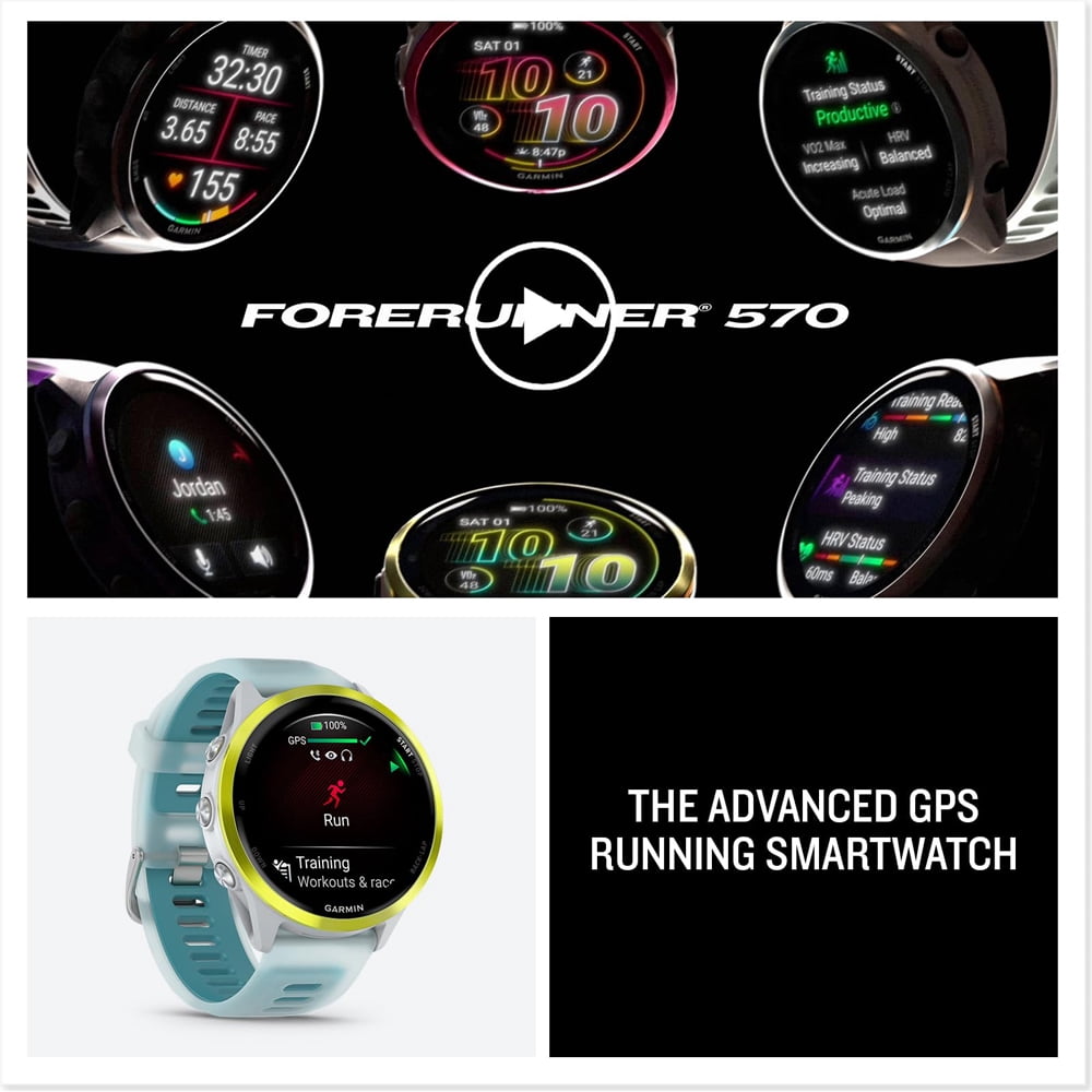 Garmin 010-02971-01 Forerunner 570 - 47mm GPS Smartwatch, Aluminum and Whitestone/Turquoise Band Bundle with Deco Essentials Charging Dock, 3x Silicone Dust Cover and USB Type C Charging & Sync Cable