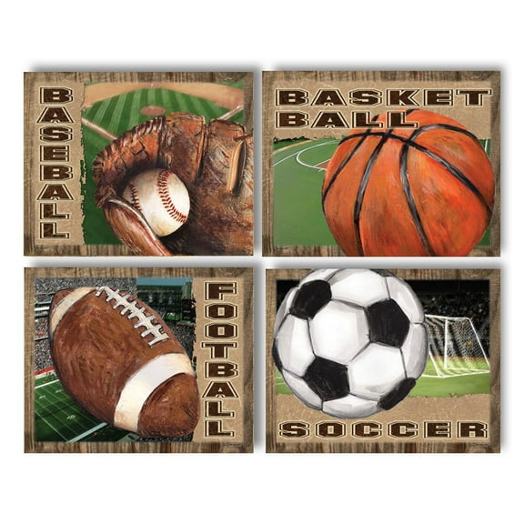 Gango Home Decor Classic Brown Basketball Baseball Football and Soccer Teen Set; 4-10"x8" Unframed Prints