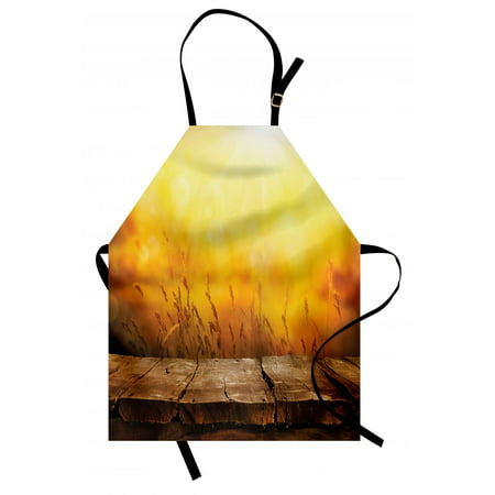 Fall Apron Empty Wooden Tabletop Layout Setting Sun Afternoon Wheat Agriculture Print, Unisex Kitchen Bib Apron with Adjustable Neck for Cooking Baking Gardening, Brown Orange Yellow, by