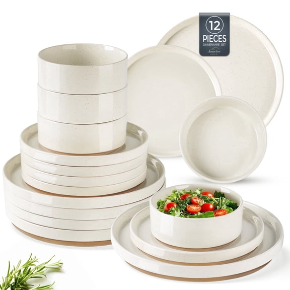 AmorArc Ceramic Dinnerware Set for 4 | Speckled Stoneware Plates and Bowls with unglazed terracotta | Scratch Resistant, Dishwasher & Microwave Safe ,Service for 4 Dishes Set(12pcs),Beige
