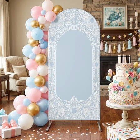 Blue Floral Arch Backdrop Covers 5 FT Scrollwork Rustic Mediterranean Style Stretchy Fitted Arched Stand Covers Party Arch Stand Cover Photo Booth for Wedding Birthday Decor