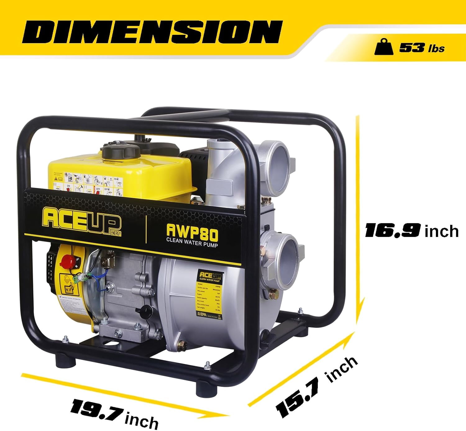 Aceup Energy Gas Water Pump 3 Inch, 265 GPM 7HP 208cc Portable Irrigation Pump EPA Certified
