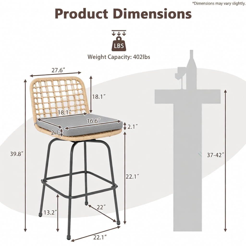 Hommoo 2-Pack Modern Swivel Bar Stools with Cushions & Light Brown PE Rattan, Heavy-Duty Outdoor Patio Barstools for Backyard, Balcony, Poolside, Gray