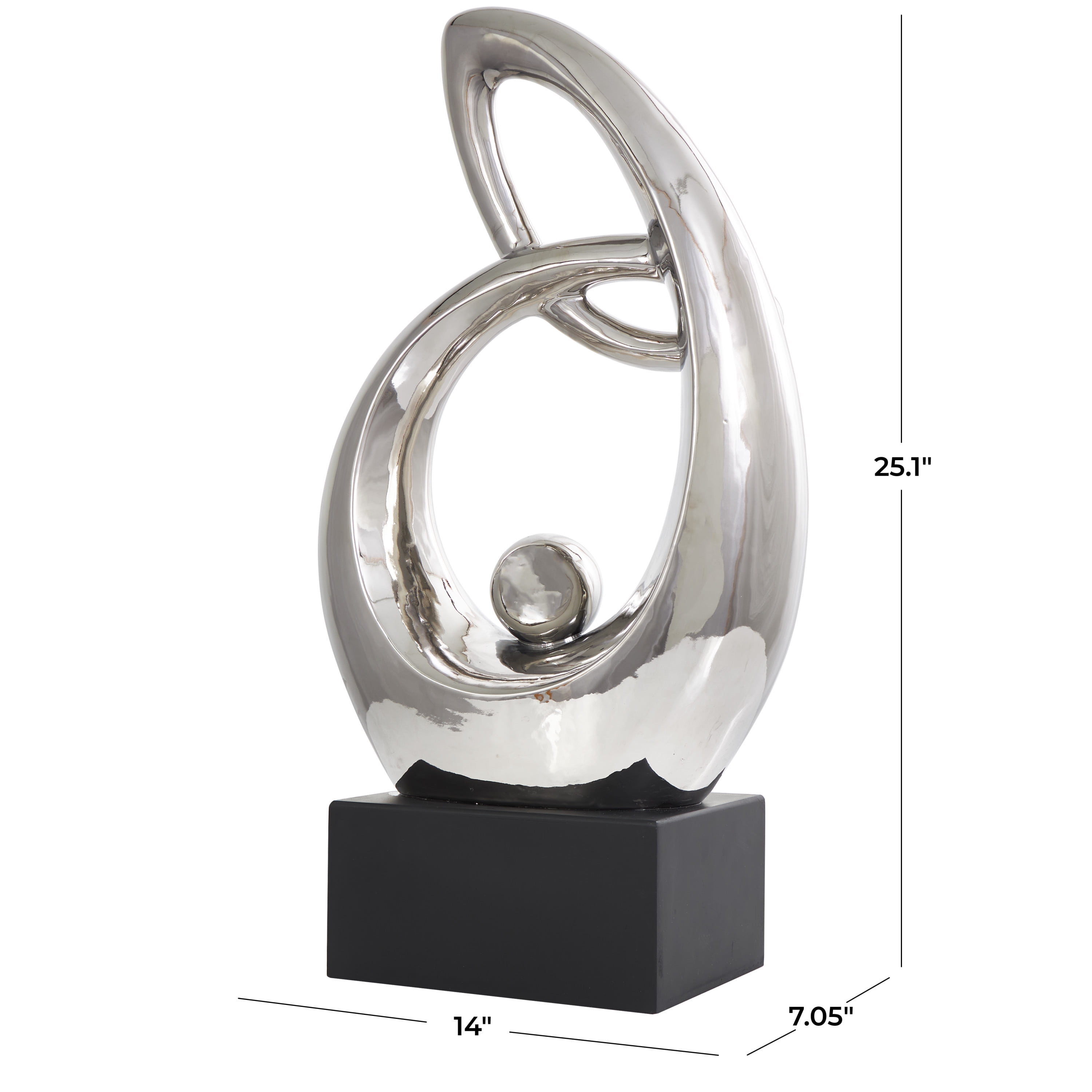 14" x 25" Silver Ceramic Looped Abstract Sculpture with Black Block Base, by DecMode