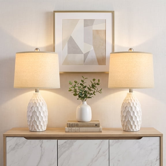 Oneach 21.5" Modern White Table Lamps Set of 2,Industrial Metal Ceramic Bedside Nightstand Lamp for Living Room Bedroom