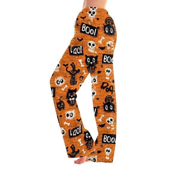 JULMCOMO Halloween Pajamas Pants for Women Ghost Pumpkin Cat Print Drawstring Elastic Waisted Casual Pj Pants Cute Print Comfy Loose Pajama Bottoms Yellow L