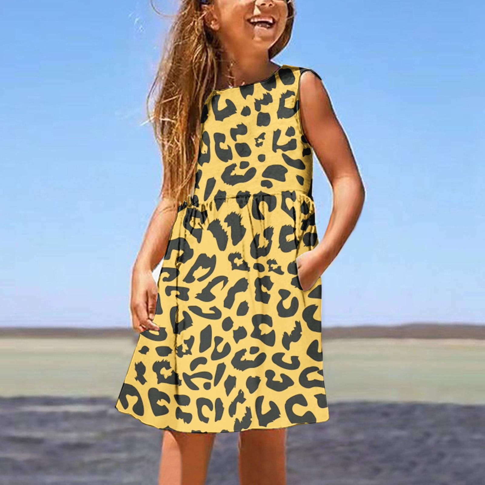 zanvin Girls Clothing Kids Little Girls Leopard A Line Dress Daily Holiday Vacation Print Sleeveless Casual Cute Sweet Dresses Spring Summer Baby