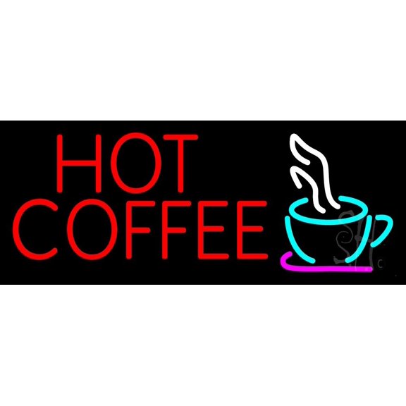 Red Hot Coffee With Cup LED Neon Sign 13 x 32 - inches, Black Square Cut Acrylic Backing, with Dimmer - Bright and Premium built indoor LED Neon Sign for café and stroefront.
