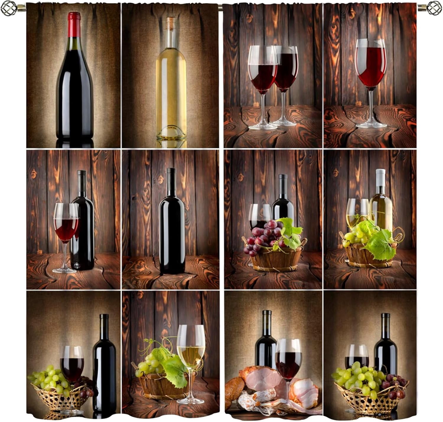 Wine Curtains Drink Themed Collage Wooden Backdrop Grapes and Meat Rustic Country Theme Curtain with Rod Pocket for Bedroom Living Room Drapes Window Treatments 2 Panels Set 42" W X 84" L