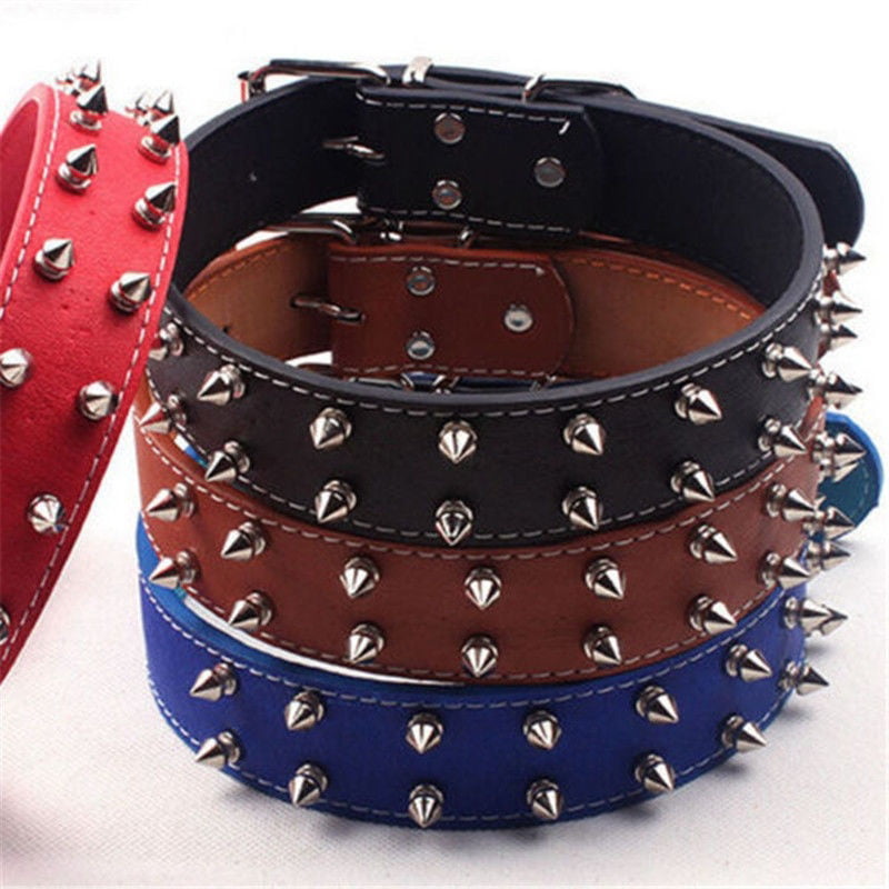 1.5" Brown Spiked Studded Leather Dog Collar Sharp Rivet Soft Padded for Pitbull 