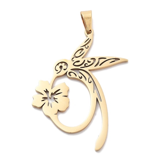7pc 304 Stainless Steel Pendants Hummingbird with Flower Charm Golden 36x22.5x1mm Hole: 4.5x2.5mm