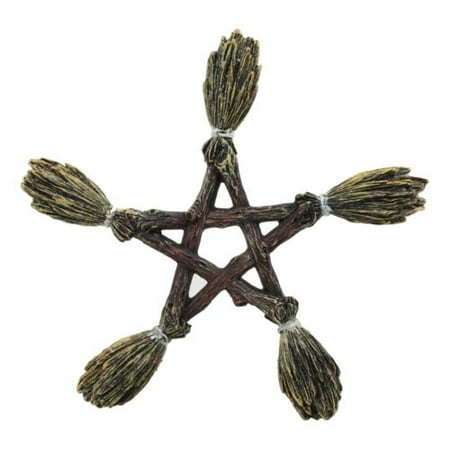 Ebros Witchcraft and Wiccan Broomsticks Pentagram Wall Decor Hanging Plaque Figurine Wicca Pentacle Sculpture Symbol of 5 Elements of The Universe As Halloween Prop or Gift Ideas for Occultism