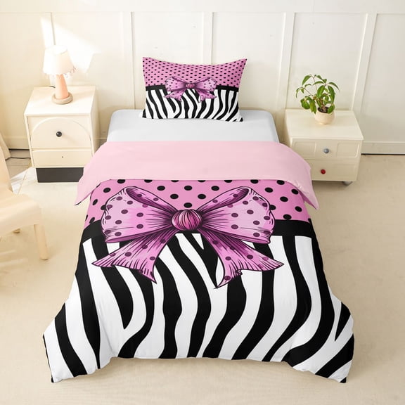 spefrowx Pink Polka Dot Bow Twin Duvet Cover for Kids, Chic Zebra Wildlife Print Twin Bedding, Pink Reversible, 2 Pieces, 1 Duvet Cover and 1 Pillowcase