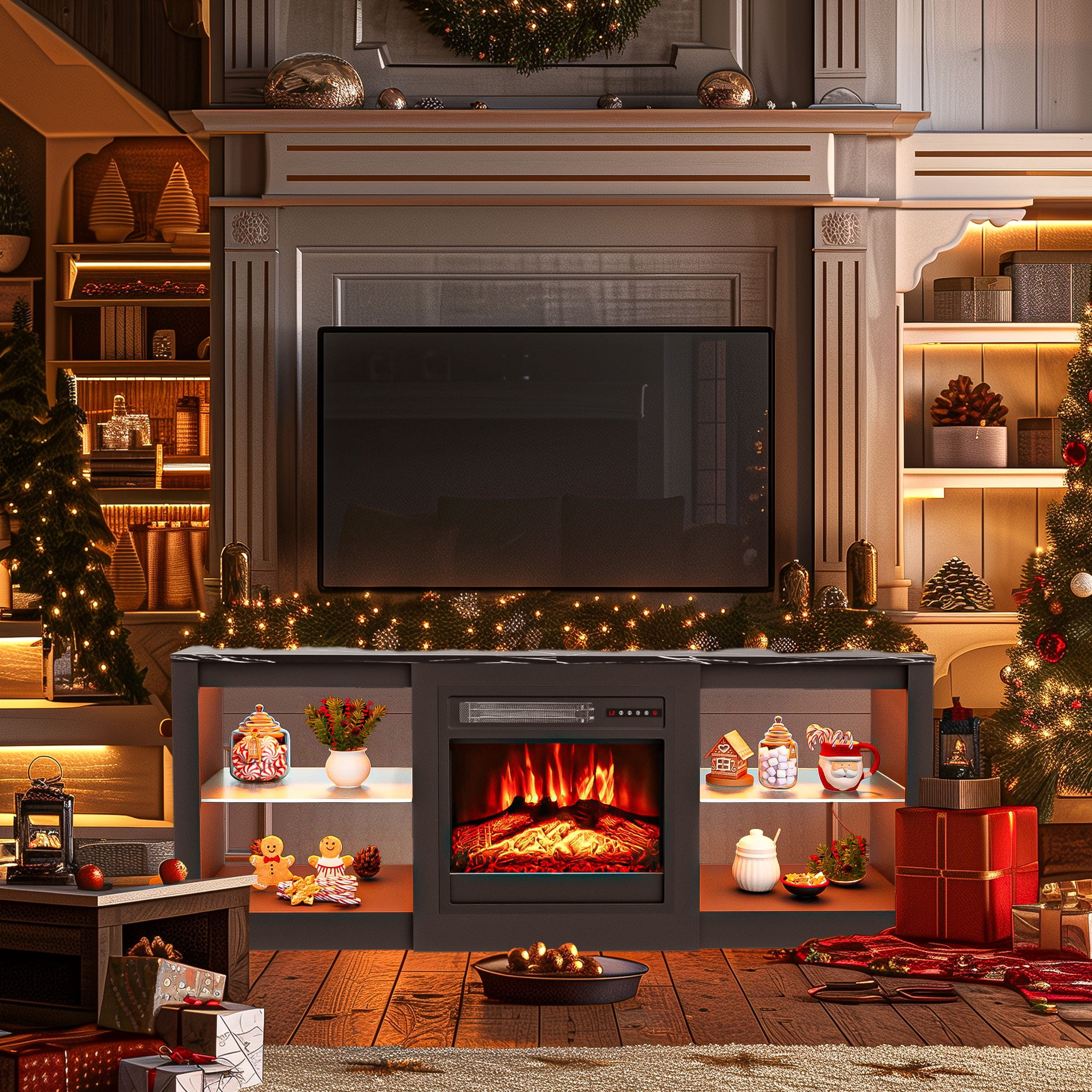 BREEZEHEAT 58-Inch Electric Fireplace TV Stand with 18-Inch Fireplace, Modern Entertainment Center, Black