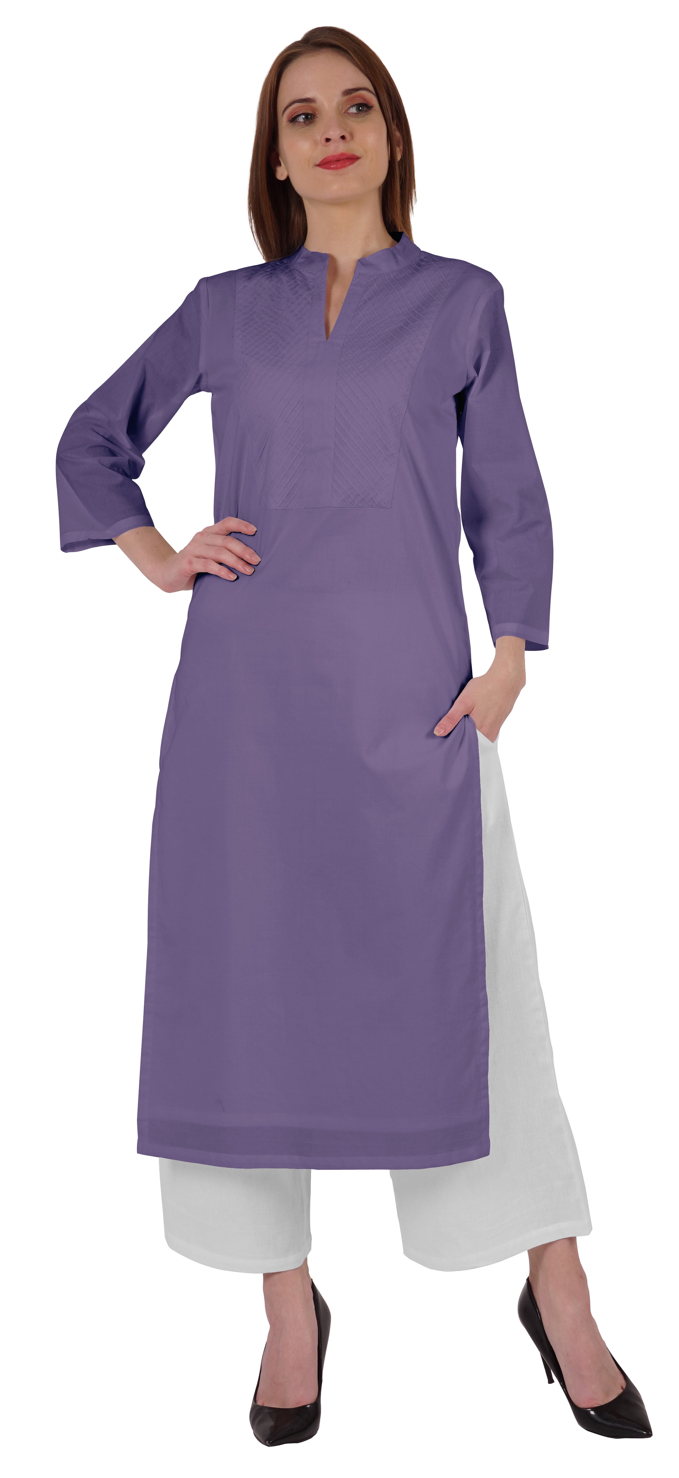 Bimba Kurta Droite Unie Ethnique Indienne pour Femmes à Col Mandarin avec Encolure Plissée en Coton