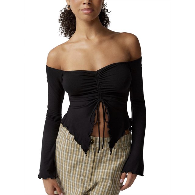 xiaxaixu Women's Crop Tops Solid Color Long Sleeve Off Shoulder Ruched Drawstring T-shirt for Spring Autumn
