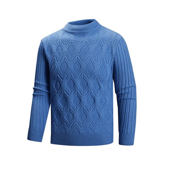 QTBIUQ Sweater Mens Knitwear Mock Turtleneck Vintage Round Neck Solid Color Elastic Pullover Fleecing Texture Trend Sweater Coat Blue