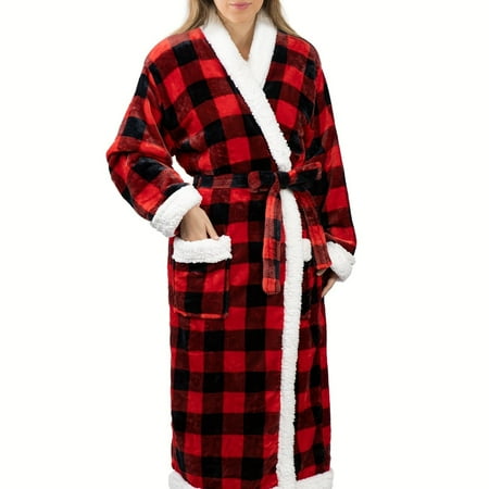 

BFHGD Women‘s Long Plush Bathrobe Elegant Solid Color Robe With Pockets Cozy Loungewear Warm Wraparound Comfort For Spa for fall/ winter