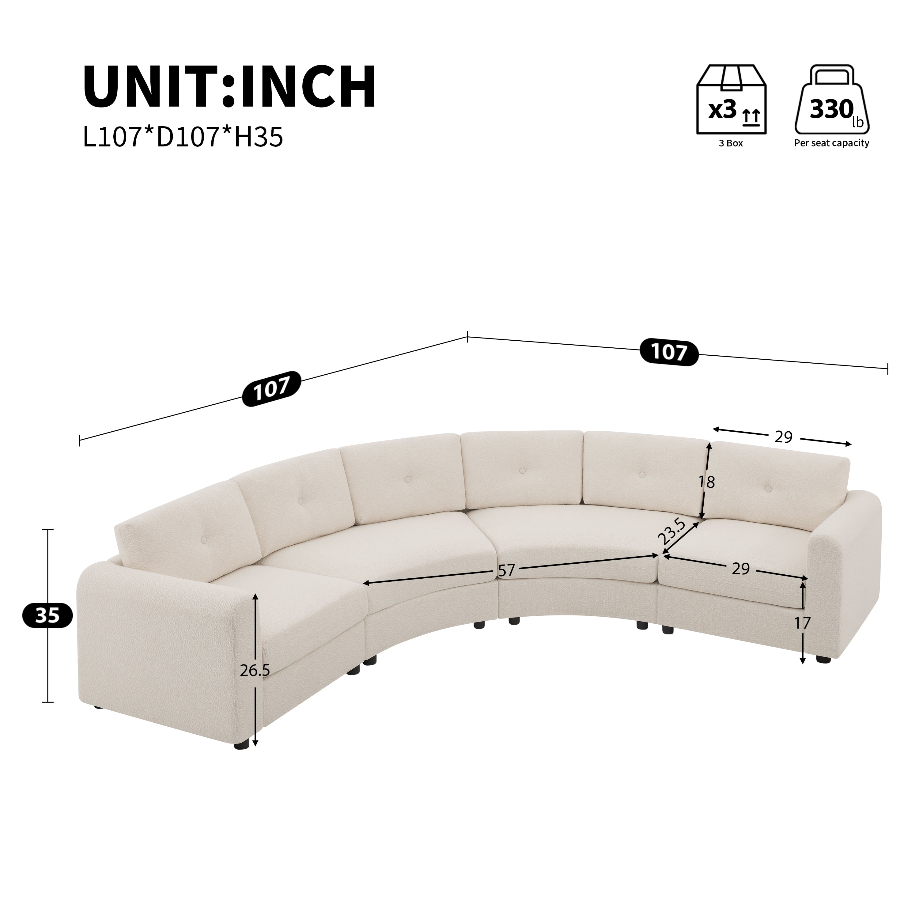GARITIN 4 Piece Modular Curved Sectional Sofa 107 Inch, Upholstered Boucle Couch with Button Tufted Back for Living Room, Beige