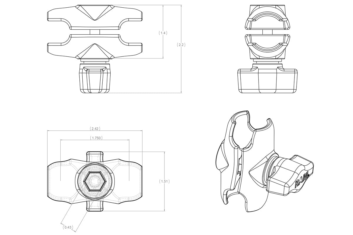RAM-B-111U-A RAM Mounts Universal Marine Electronic Mount with Short Arm