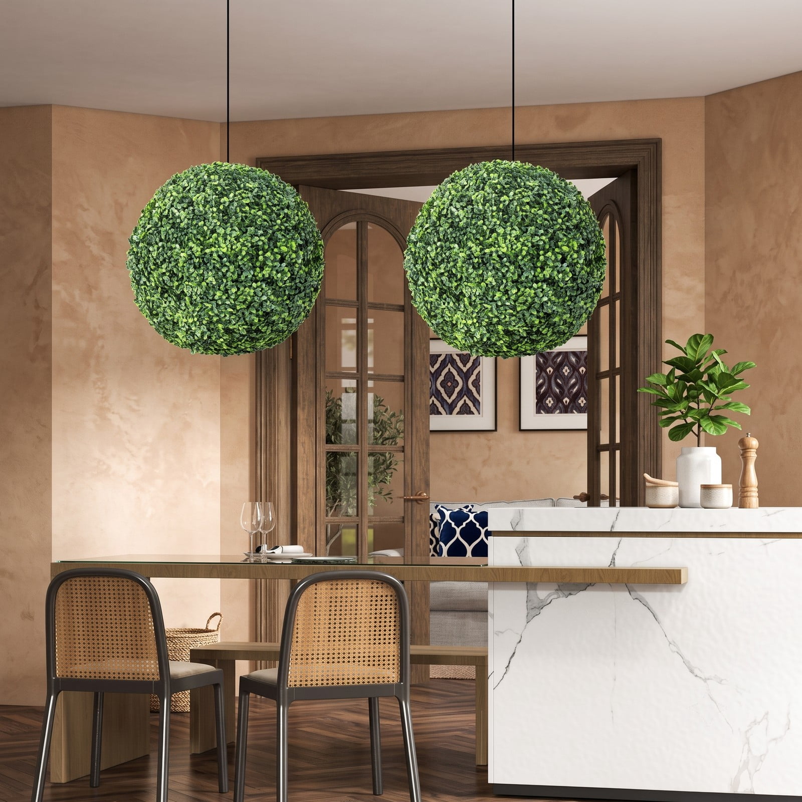 ALPULON 2 Pieces 19 Inch Artificial Topiary Balls Faux Boxwood Ball Plants UV Protected Fade Resistant Greenery for Indoor Outdoor Home Office Doorway Decor, Green