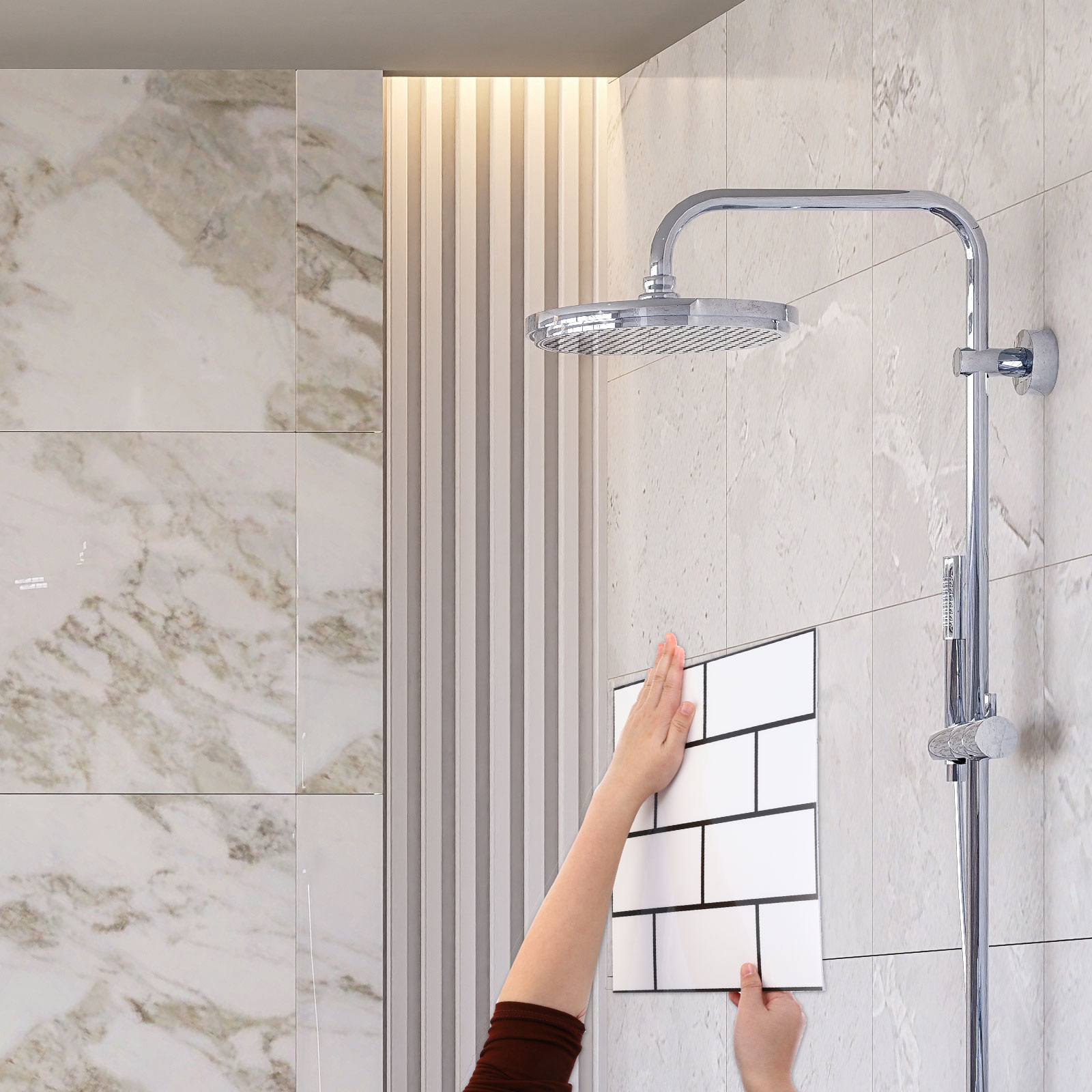 Uxcell 20Pcs Peel and Stick Marble Tiles, Waterproof Wall Panel Backsplash, 12"x12" Peel and Stick Shower Tiles for Bathroom, White Brick Design