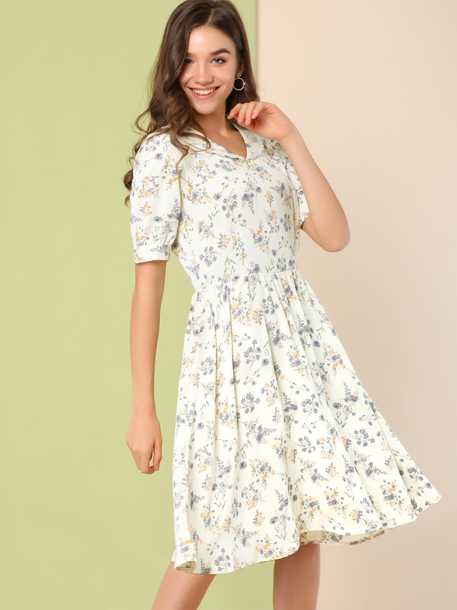 DARING DIVA Peter Pan Collar A-Line Flowy Midi Chiffon Floral Dress S White
