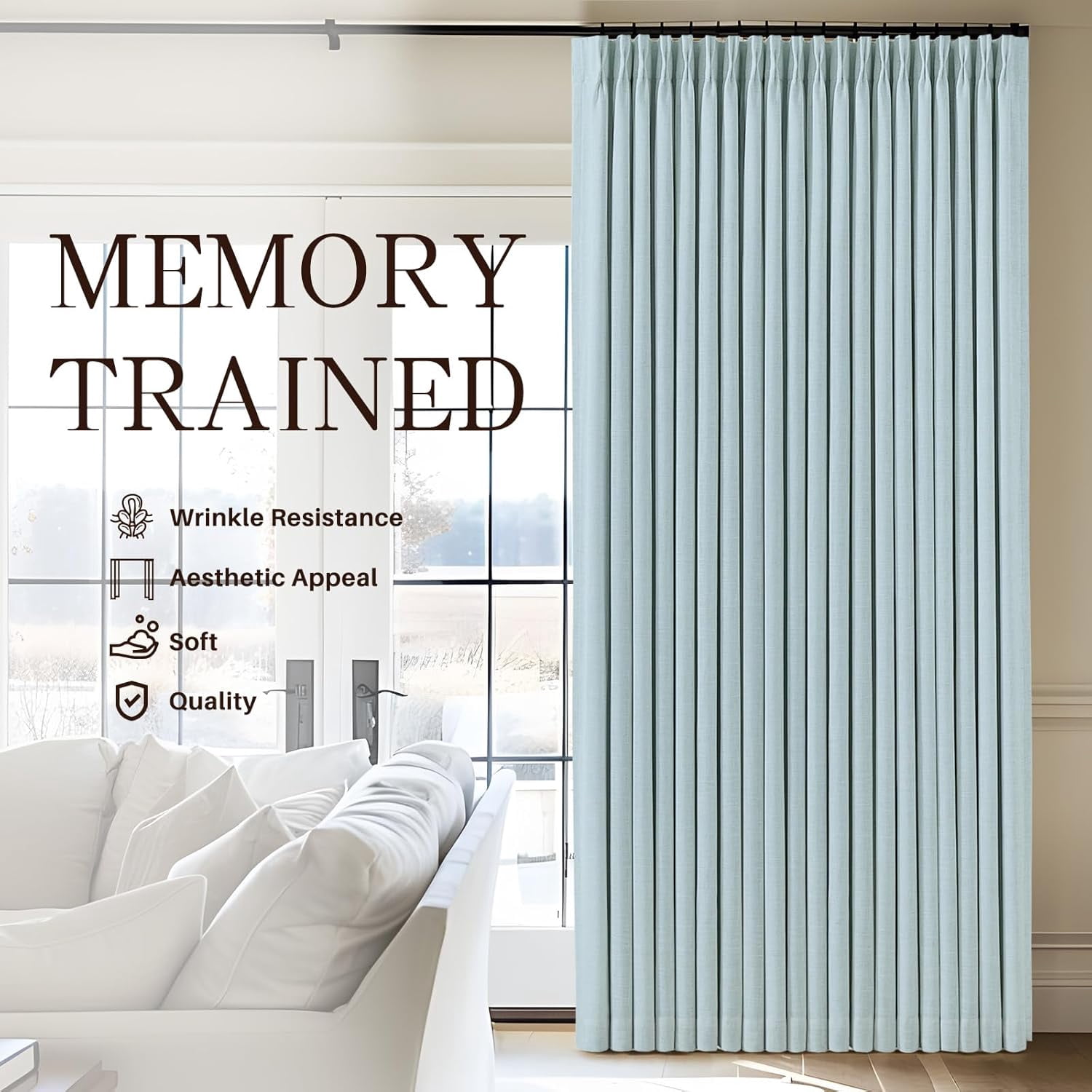 Nalqet Linen Pinch Pleated Full Blackout Curtains for Bedroom - 2 Pages Black Out Blue Curtains 90 Inch Long 2 Panel for Living Room Darkening Thermal Window Curtain Drapes with 16pc Hooks
