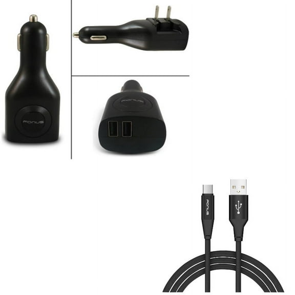 Type-C 10ft USB Cable w 2-Port USB Car Home Charger K6E for Acer Liquid Jade Primo - Alcatel PulseMix, 7, Idol 5S 5 4S - ASUS Zenfone V Live, ROG Phone, AR 6 5z 4 Pro - Blackberry Motion, Key2