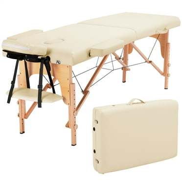 SmileMart 2 Section Adjustable, Ergonomic Wooden Massage Table with Headrest and Armrest, 84", Cream