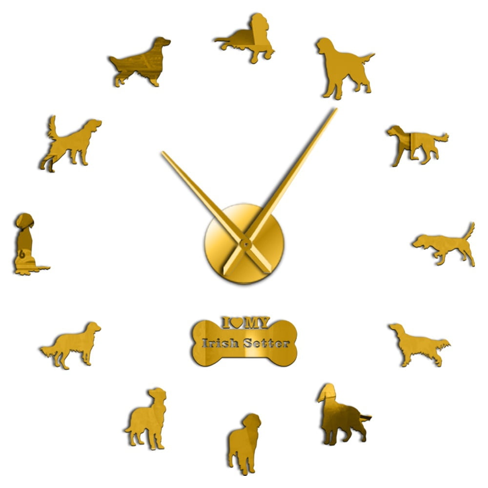 Irish Setter DIY Giant Wall Clock Frameless Wall Art Clock Red Setter Decorative Big Wall Watch Pet Store Decor(Gold,27inch)