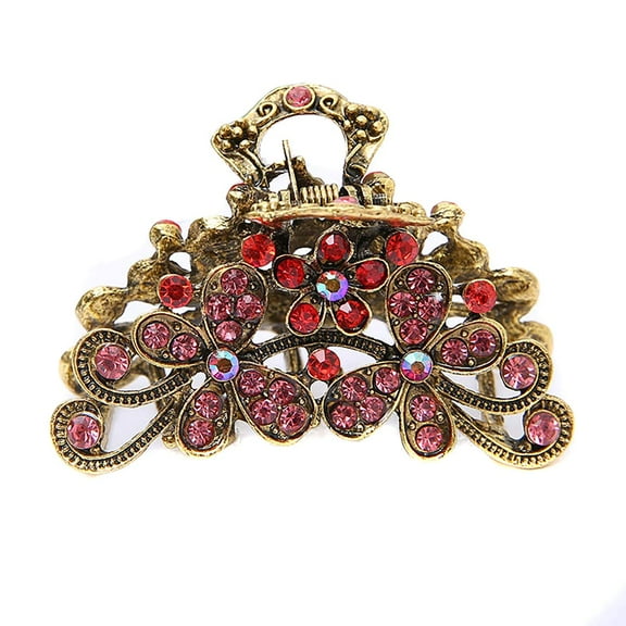 Retro Flowers Hair Claw Clip for Women Lady Vintage Alloy Rhinestone Hair Jaw Clips Hairpin Fancy Hair Clamp (Red)