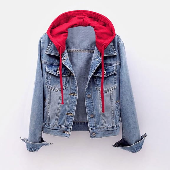 Women's Retro Hooded Denim Jacket Button Up Long Sleeve Loose Lapel Washed Denim Shacket Coat Light Blue XXL