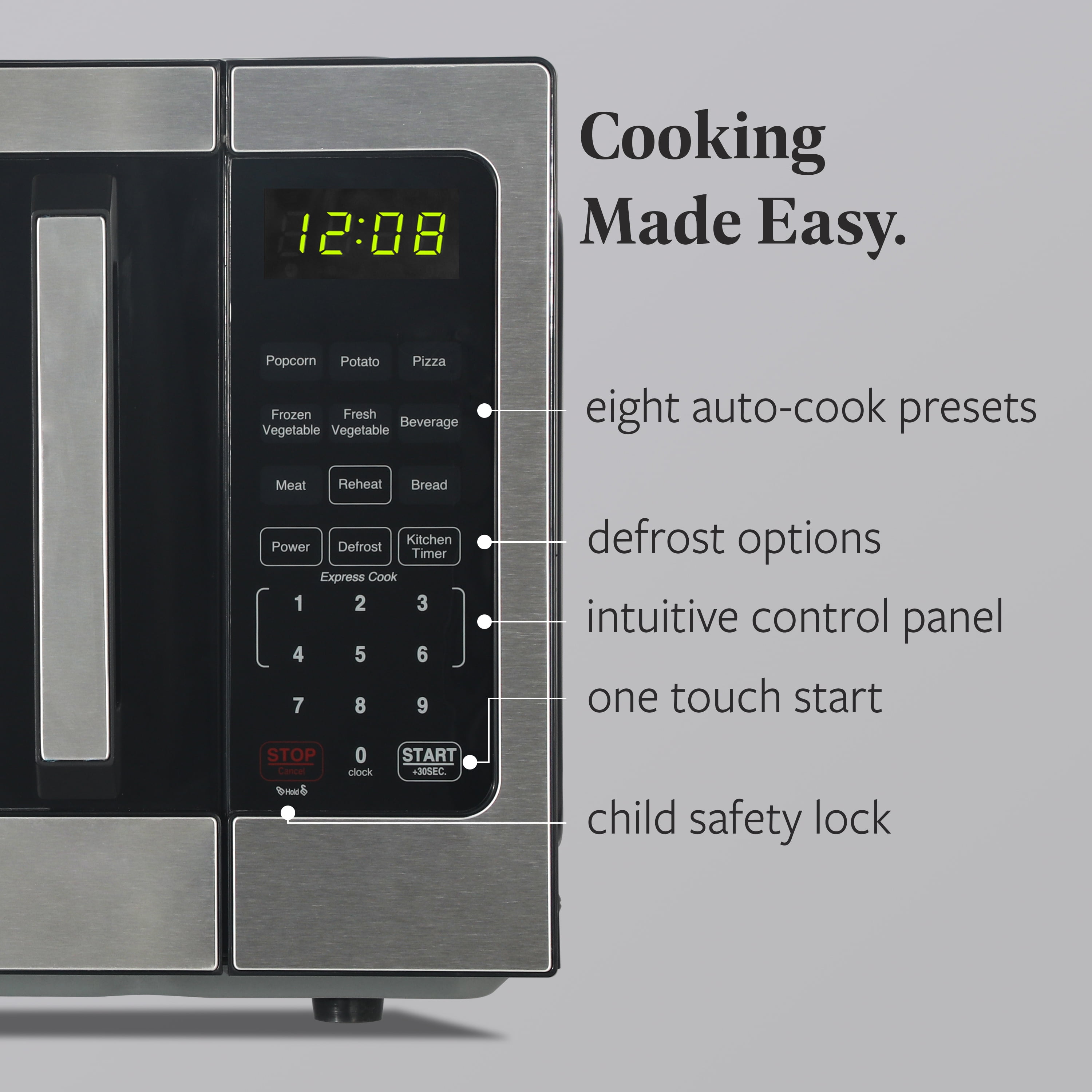 Farberware 0.9 cu ft Microwave Oven, 900W Countertop Microwave Oven with 8 Auto Cook Settings with Handle, Stainless Steel