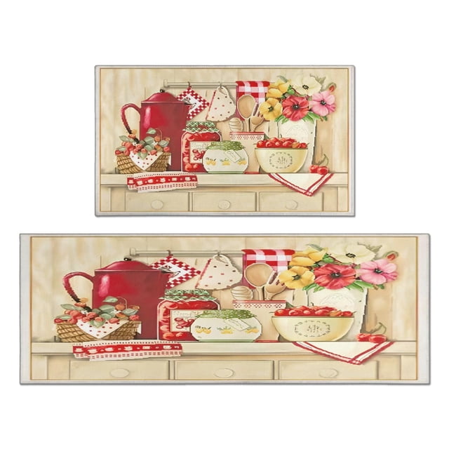 Vintage Kitchen Pattern Kitchen Mats for Floor Set Of 2,Kitchen Rugs Mats with Dirty Resistance,washable,non Skid,kitchen Rugs and Mats 17.7x24+17.7x48inch