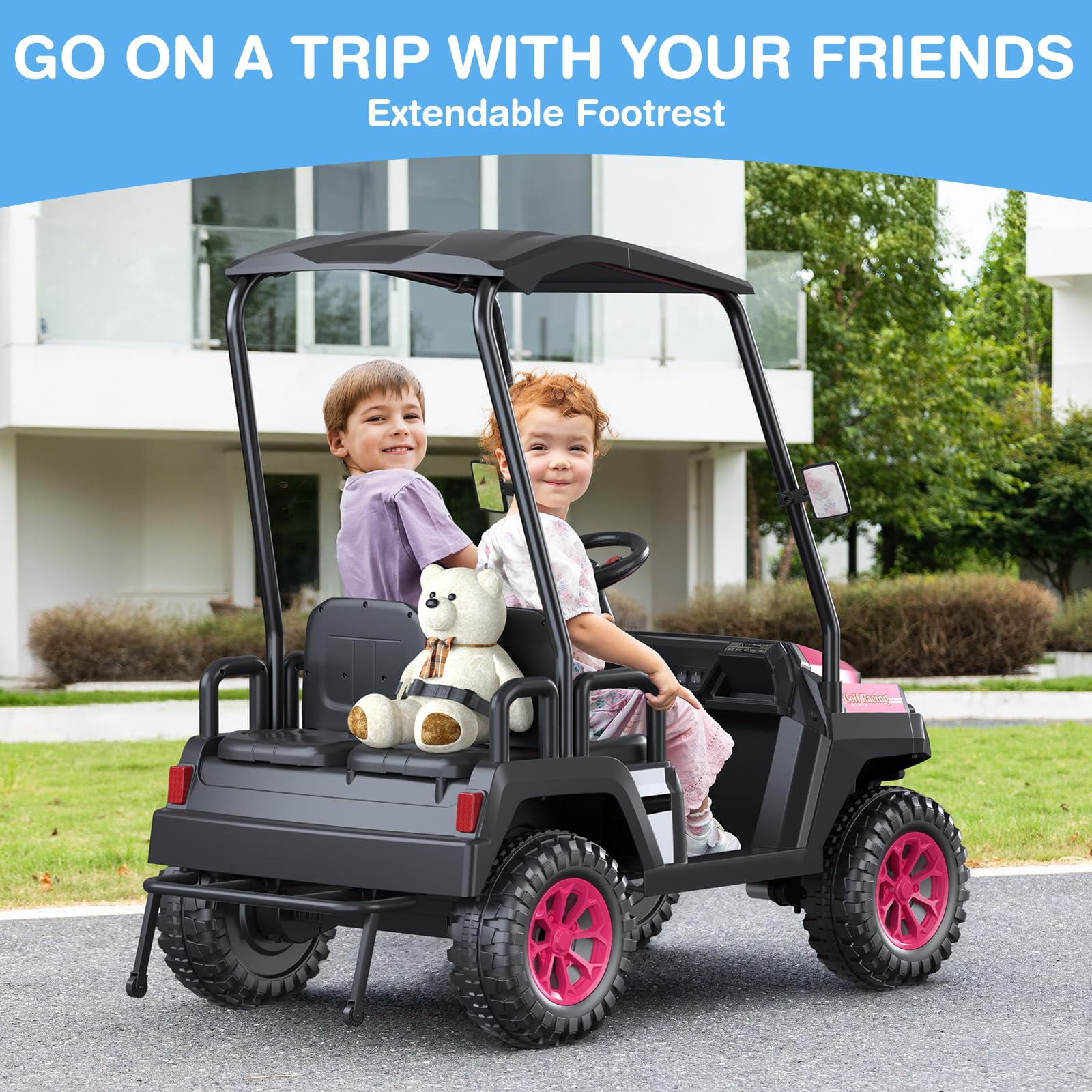24V 4-Seater Kids Electric Golf Cart, 4WD Ride-On Car with Remote, Awning, Suspension & Music Features