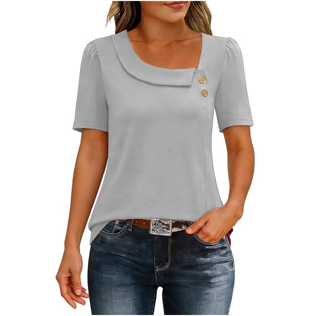 Tops de Mujer Casual Color Sólido Manga Corta Botón, Blusa Elegante para Primavera Verano Diario