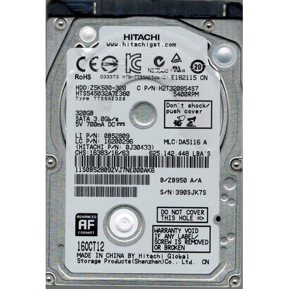 Hitachi HTS545032A7E380 MLC: DA5116 P/N: 0J30433 320GB