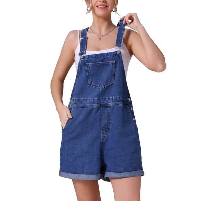 INSPIRAR CHIC Conjuntos de mezclilla para mujeres, mono casual con tirantes ajustables, pantalones cortos de mezclilla, S Azul oscuro