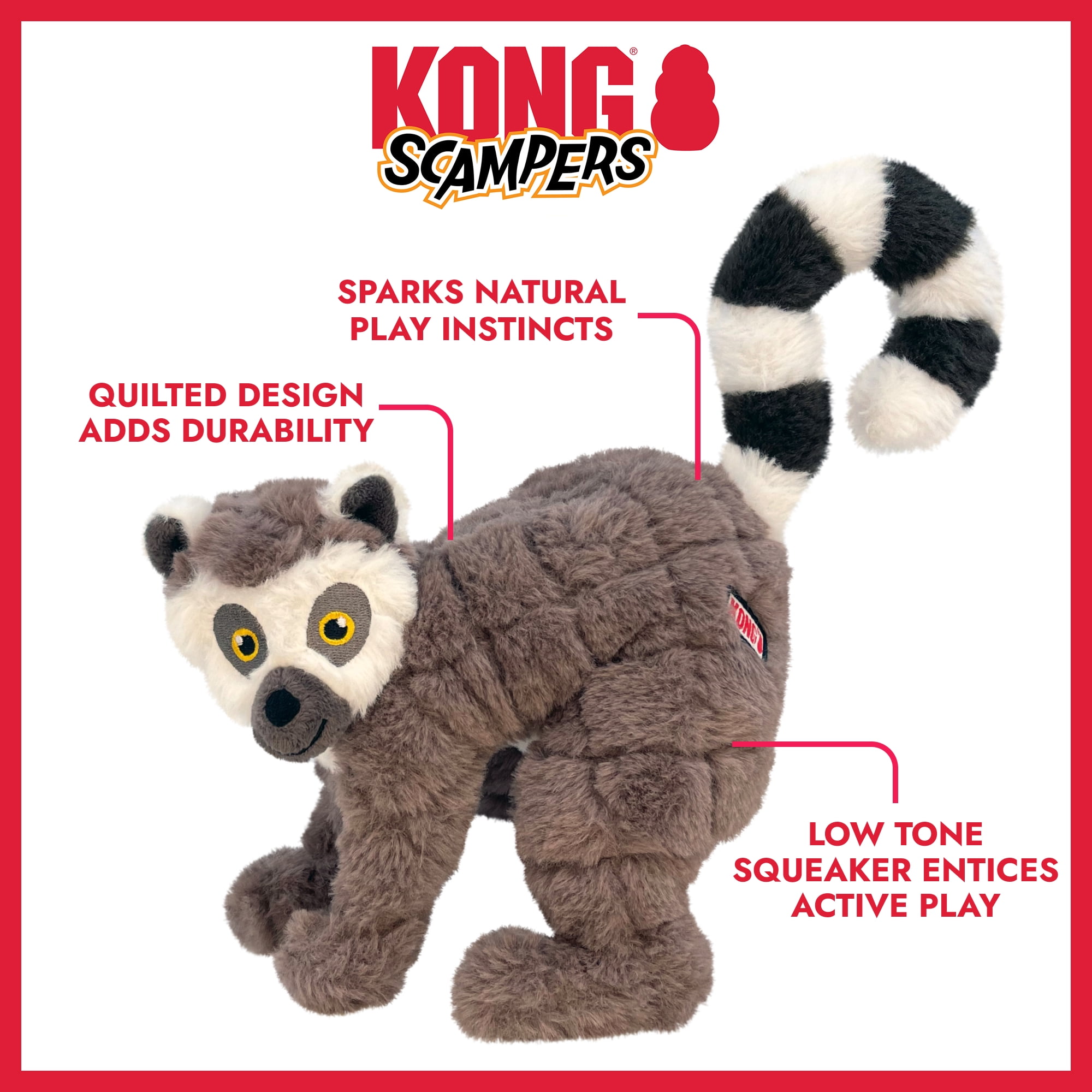KONG® Scampers Squeaker Plush Dog Toy, Lemur, Medium