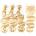 thumbnail image 1 of Paquetes de cabello humano rubio con cierre Extensiones de cabello humano brasileño virgen premium ondulado 613 rubio 3 paquetes con cierre de encaje 4x4 parte libre (12 14 16+10 613), 1 of 5